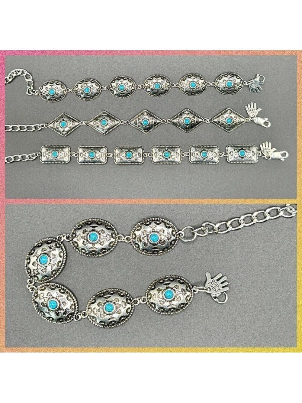 Faux Turquoise and Silver Tone Concho Chain Bracelet #1444